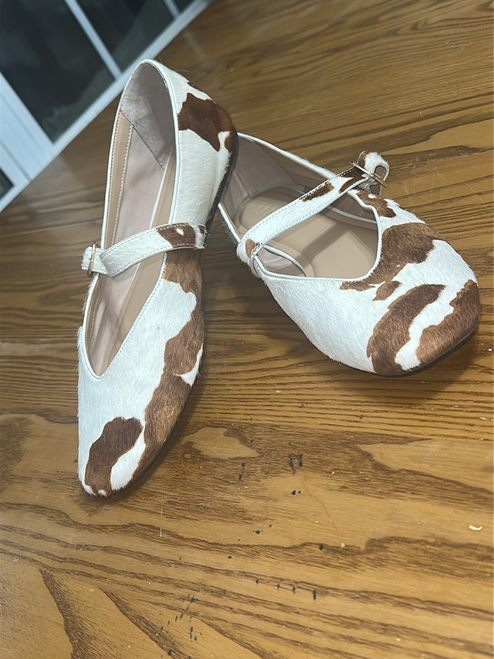 INC International Concepts White and Brown Cowhide-Print Mary Jane Flats (shoe21
